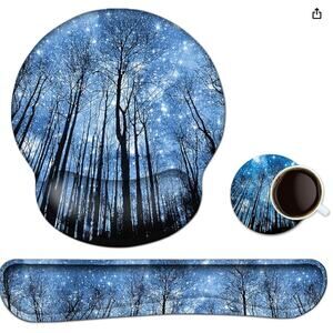 Mouse Pad Keyboard Wrist Rest, Mouse Pad, and Coaster Set- Galaxy Forest